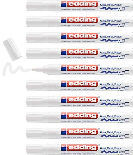 edding 750 Glanzlackmarker - weiß - 10 Lackmarker - Rundspitze 2-4 mm - Lackstift für Glas, Stein, Holz, Kunststoff und Papier - wasserfest, stark deckend