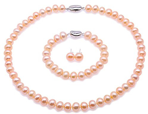JYX - -Collier perles de culture collier Ensemble de perles eau douce - 9-10mm AA plat rond collier de perles de culture, Bracelet et boucles d'oreilles ensemble - (rose)