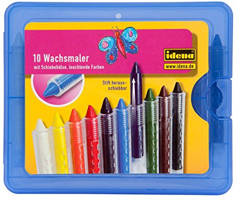 Idena 621677 - Wachsmalstifte mit Schiebehülse, wasserfest, 10er Kunststoffbox, sortiert