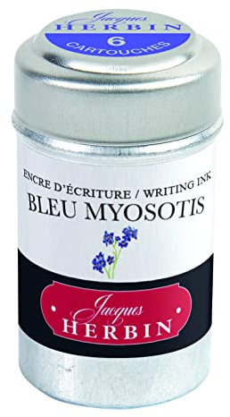 Jacques Herbin - Ref 20115T - Universal Writing Snap-In Ink Cartridges - Bleu Myosotis / Forget-Me-Not Blue - Cylindrical Metal Pot of 6 Cartridges - Blue-Coloured Ink