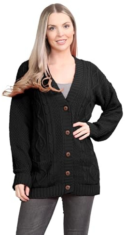 janisramone® Cable Knit Chunky Cardigans for Women UK, Long Sleeve Sweater | Long Sleeve Sweater Top, Chunky Cable Knitted Ladies Cardigans, Casual Daily Comfort V Neck Button Up, Warm Winter Knitwear