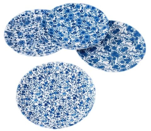 Blue & White Floral Pattern Picnic/Dinner Plate, 9 Inch Melamine, Set of 4