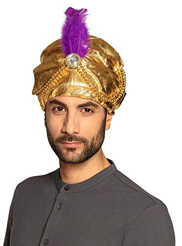 Boland 81015 - Turban Sultan Selim - Goldfarben, Perlenschmuck, Federn, weißer Schmuckstein, Stoffmütze, one size, Gummizug, Karneval, Fasching, Mottoparty, Verkleidung, Theater, Accessoire