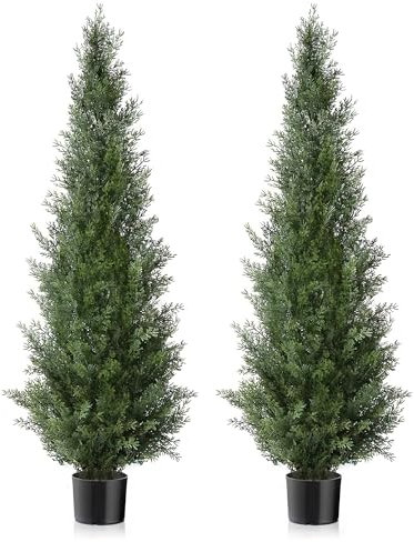 TRESIL Two 4 Foot Outdoor Artificial Cedar Topiary Trees Uv Rated Potted Plants
