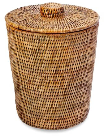 Kouboo La Jolla Rattan Round Waste Basket with Plastic Insert and Lid, Honey Brown_P, ratán y Mimbre, Honey Brown, 24.13 x 24.13 x 31.75 cm