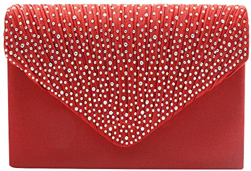 wocharm Womens Ladies Satin Diamante Clutch Bag Envelope Handbag Evening Bridal Bag Wedding Fashion Prom Vintage Shoulder Bags(Red)