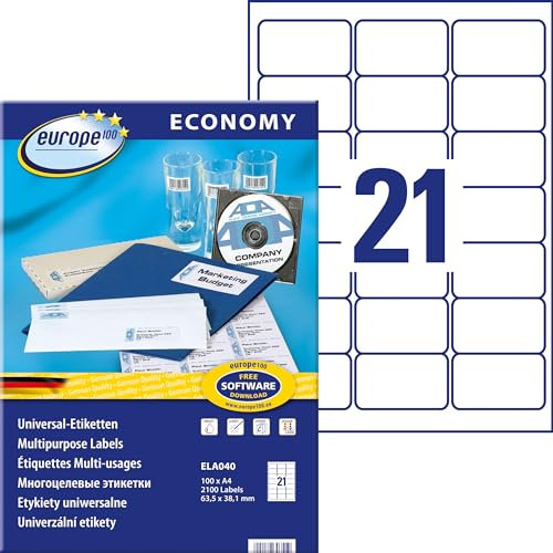Europe100 Art. ELA040 Universal Etiketten (2.100 Klebeetiketten, 63,5x38,1mm auf A4, Papier matt, individuell bedruckbar, selbstklebende Aufkleber, kompatibel zu AVERY L6023REV-25) 100 Blatt, weiß