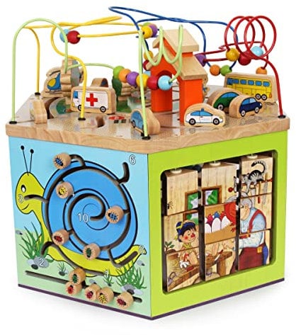 small foot Motorikwürfel Entdeckungsreise aus Holz, von 7 Seiten bespielbar, mit Motorikschleife, ab 1 Jahr, 6094