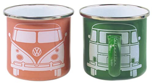 BRISA VW Collection - Volkswagen Juego de 2 tazas de esmalte para café té o cappuccino para camping T1 Bus (Verde/Rosa)