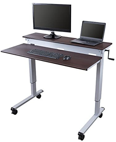 S STAND UP DESK STORE Stehpult mit Kurbel, verstellbarer Ebene, robuster Stahlrahmen (silberner Rahmen/dunkle Walnussholzplatte, 121,9 cm breit)