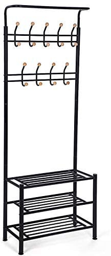SONGMICS HSR04B Garderobenständer Kleiderständer mit 3 schuhablagen mit 18 haken, Metall, schwarz, 68,8 x 35,2 x 187 cm