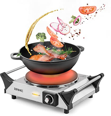 Duronic Hot Plate HP1 SS, Stainless Steel Table Top Cooking, 1500W Black Steel Electric Single Hob with Handles, Cast Iron Portable Hob Burner Rings for Home Kitchen, Pots, Camping