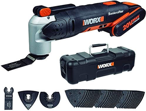 WORX WX678 Akku Multifunktionswerkzeug 20V – Multifunktionsgerät zum Schneiden, Polieren, Sägen uvm. – Inkl. Li-Ion Akku, Ladegerät, 39 teiliges Zubehör-Set & Werkzeugkoffer
