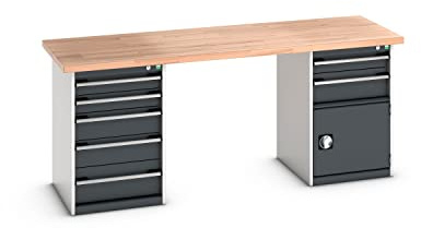 cubio Werkbank mit 2 Schubladenschränken, 7 Schubladen, 1 Tür, Rotbuche-Platte