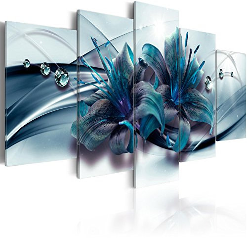 B&D XXL Acrylglasbild Blumen 100x50 cm 5 Teilig Wandbild auf Acryl Glasbilder Kunstdruck Moderne Acrylglas Platte Wanddekoration Geschenke Heimdekoration Glasbild Lilien Abstrakt Diamant blau