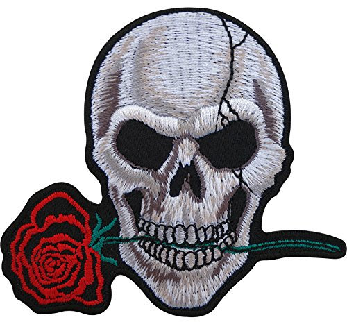 Biker Patch Skull Rose Embroidered Badge Iron On/Sew On Clothes Jacket Jeans