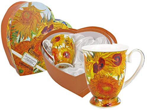 CARMANI - Set of 2 Fine Bone China Mug for Tea, Coffee in a Heart Shape Gift Box with Vincent Van Gogh - Sunflowers 380 ml