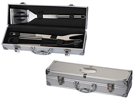 Grillkoffer aus Metall / mit Grillzange, Fleischwender und Grillgabel