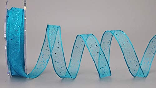 Dekoband GLITZER TÜRKIS 20 m x 15 mm (Rolle) Stoffband Transparent glänzend Organza mit Drahtkanten elegant Weihnachten Advent Geburtstag Premium glitter ribbon