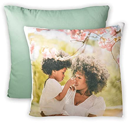 LOOXIS Personalisiertes Kissen mit Foto & Text Bedruckt, selbst gestalten – 40x40 cm, farbige Rückseite, Leinenhaptik – Geschenkidee Männer, Frauen, Jahrestag, Geburtstag, Einzug – Seegrün