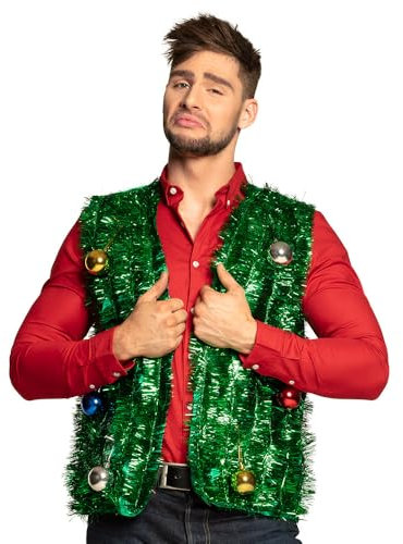Boland 13446 - Weste Weihnachtsbaum, Größe M/L, Grün, Unisex, ärmellose Jacke mit Lametta und bunten Weihnachtskugeln, Weihnachtsbaum, Wichtel, Weihnachten, Kostüm, Karneval, Mottoparty