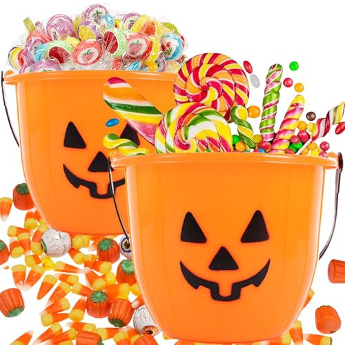 MINGZE 2 pcs Halloween Trick or Treat Candy Bucket, Pumpkin Lantern Party Cookie Holder Cauldron Pot with Handle Kettles Plastic Decorations (Triangle eyes)