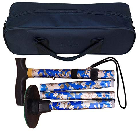 ACCLAIM Bowlers 33-37 Lawn Bowls Floral Flowered Metal Folding Walking Stick & Green Protector With Green Synthetic Felt Base In Carrying Bag (Blue Floral)