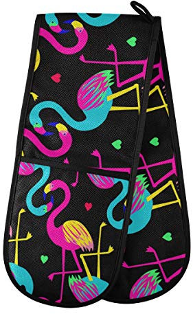 ZZXXB Colorful Flamingo Love Heart Double Oven Mitt Heat Resistant Non-Slip Kitchen Gloves Extra Long 7 x 35 for Cooking Baking Barbecue Grilling