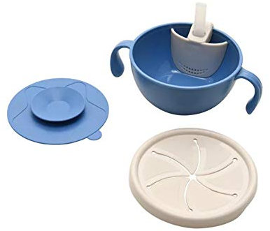 KINGBOO Gamelle 3 en 1 pour bébé avec couvercle et paille en silicone avec ventouse Bleu