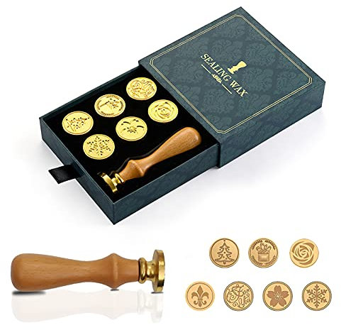 Wachsstempel-Set 7 Stück Wachssiegelstempel Messingköpfe und 1 Stück Holzgriff Siegelwachs Siegelwachs Vintage Modell abnehmbar Trockenstempel für Siegelwachs