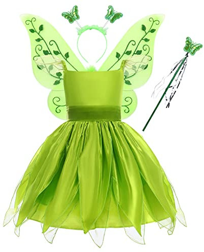 Tinkerbell Blumenfee Kostüm Mädchen Kinder Feen Verkleidung kostüm Tutu Kleid Halloween Cosplay mit Schmetterlings flügeln Zauberstab Stirnband Fasching Karneval Mottoparty Ankleiden Grün 5-6 Jahre