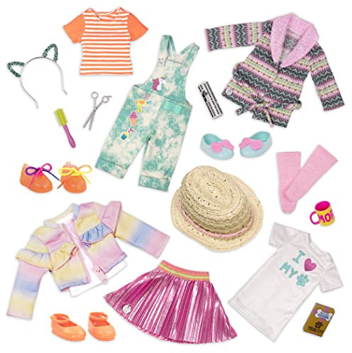 Glitter Girls 3er Set Deluxe Puppenkleidung 36 cm Puppen Outfit – Rock, Jacke, Morgenmantel, Latzhosen, Accessoires – Zubehör für Puppen, Spielzeug ab 3 Jahren
