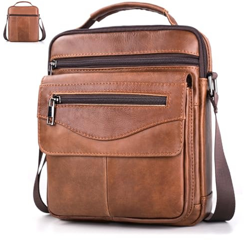 BAGZY Shoulder Bag for Men Leather Crossbody Bag Large Tablet Bag for 11 inch Pad Messenger Bag Organiser Handbag Sling Travel Business Bag for Pad/e-Book Card Holder Brown