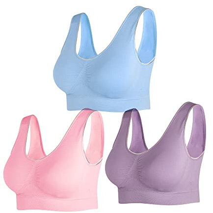 NAKQU Damen Sport BH Set Ohne Bügel Fitness Lauf Joggen Yoga Bustier Gepolsterter 3er Pack, Rosa, Blau, Lila, M