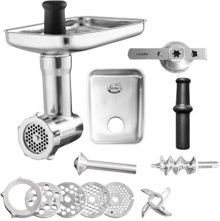 Kenny Professional Fleischwolf Schredder aus hochwertigem Edelstahl inkl. Lochscheiben, Messer, Wurstfüllhorn, Spritzgebäckvorsatz kompatibel mit Kenwood KAX-Anschluss, ideal für Fleisch und Gemüse