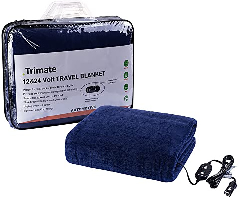Trimate Electric Car Heating Blanket Plush 3 Heat Settings, Auto Shutoff, Washable, 55 X 40, Plugs into Cars 12v and Trucks 24v Outlet, Great for Cold Weather, Tailgating, Emergency Kits, Blue