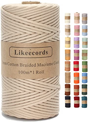Likeecords Makramee Garn Geflochten 3mm x 100m,100% Natürliches Baumwollschnur Makramee-Schnur, Makramee-Seil, Bunte Bastelkordel aus Baumwolle für Taschen, Wandbehänge, Pflanzenaufhänger (Aprikose)