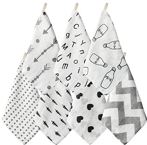 GROBRO7 7Pcs Gant de toilette en mousseline de coton pour nouveau né Serviette pour le visage du nourrisson, douce et absorbante cadeaux pour les tout petits lavable (noir et gris), 25 * 25cm