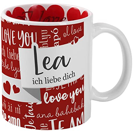 Herz & Heim® Herz-Tasse mit Namen bedruckt und vielen Herzen und I Love you im Inneren des Kaffeebechers - Motivauswahl Ich liebe Dich in verschiedenen Sprachen