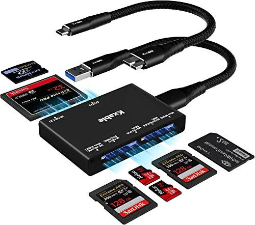 Kxable SD Card Reader 7 in 1, USB 3.0 Memory Card Reader/Writer 5Gbps, for SD/Micro SD/MS/CF/MMC/XD/SDHC/SDXC Camera Memory Card, Reader for Mac OS, Windows, Linux- with 2 USB A/C to Micro 3.0 Cables