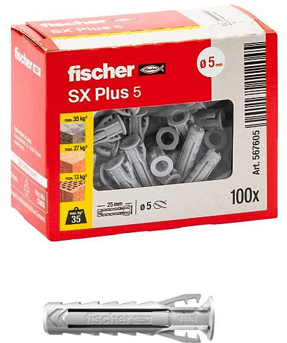 Fischer 100 Tasselli SX Plus 5x25 mm per Muro Pieno, Mattone Forato, Muratura, Calcestruzzo, per il Fissaggio di Lampadari, Mobili, Pensili, Mensole, 567605