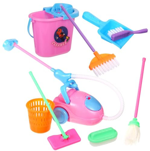 9 Pcs Dollhouse Cleaning Tools, Mini Dollhouse Cleaning Accessories, Delicate Kids Cleaning Toys with Mop Dustpan Bucket Brush Dollhouse Miniature Dolls House Accessories Toy Cleaning Set for Toddlers