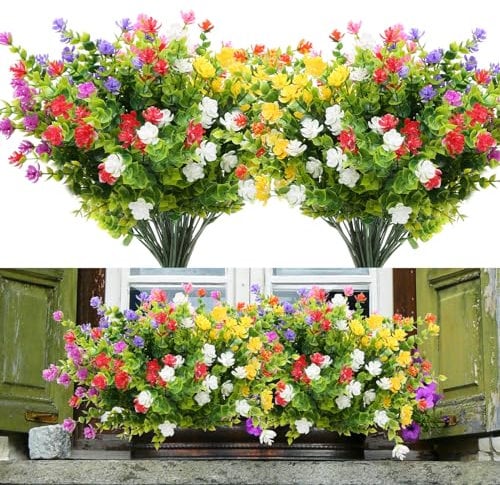 Yoicn Lth Lot de 14 fleurs artificielles d'extérieur, 7 couleurs résistantes aux UV, fleurs artificielles en plastique pour la décoration de la maison et du jardin