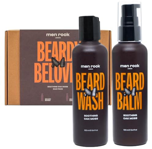 Men Rock Beardy Beloved Beruhigendes Essential Bart-Set – Eichenmoos für Männer – 2 Stück, 100 ml, beruhigendes Bartwaschmittel, Eichenmoos, 100 ml, beruhigender Bartbalsam, Eichenmoos