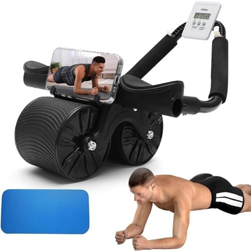 Automatisches Rebound Bauchtrainer für Zuhause, Rebound Bauchrad, Stabilen Doppelrädern Bauchmuskeltrainer, Bauchroller mit Kniematte und Telefonhalter für Kerntraining