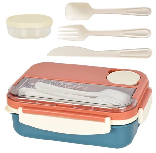 Colexy Bento Lunch Box Auslaufsichere Lunchbox mit Fächern 1300ML Lunchbox Erwachsene Kinder mit 4 Fächern und Besteckset für Mikrowellen Und SpüLmaschinen Schule Arbeit Picknick Reisen (Orange)