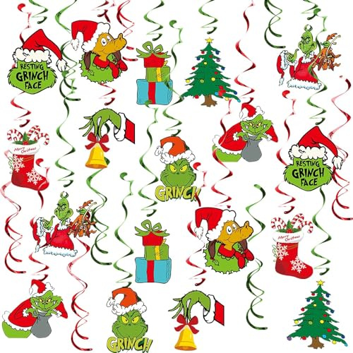 13 pezzi Grinchmas Hanging Swirl Kit di decorazione Merry Christmas ornamenti decorativi ghirlanda albero di Natale calzini scatola regalo Grinch Foil appeso soffitto per Natale inverno vacanze