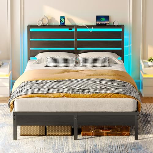 Rolanstar King Size Bed Frame 150x200 with LED Lights, USB and Type-C Charging Station, Wood & Metal Headboard Bed with Shelf and Underbed Storage for Modern Bedrooms