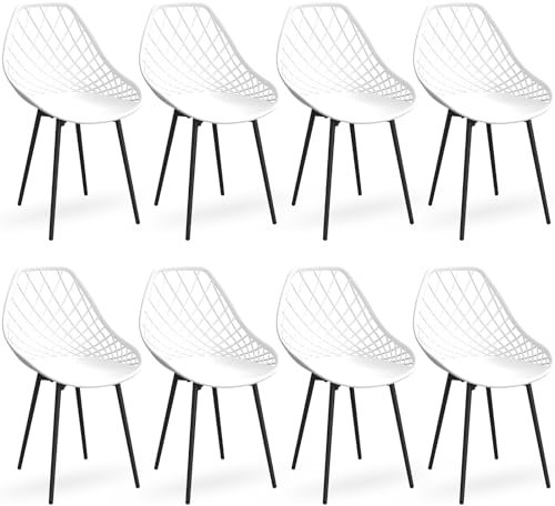 LEWE Lot de 8 Chaises, Chaises de Jardin, Chaise de Salle à Manger, Siège en Polyéthylène d'une Seule Pièce et avec Pieds en Fer Noir, Chaises Étanches sans Accoudoirs, (Blanc)