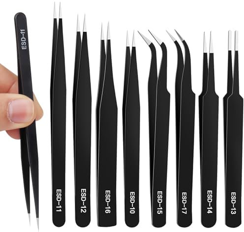 TAIHOBO Lot de 8 Pince de Precision ESD Antistatiques, Pince Modelisme en Acier Inoxydable, Pince Brucelle Pointu Courbé et Émoussé, Pince Precision pour Tous Types de Réparations